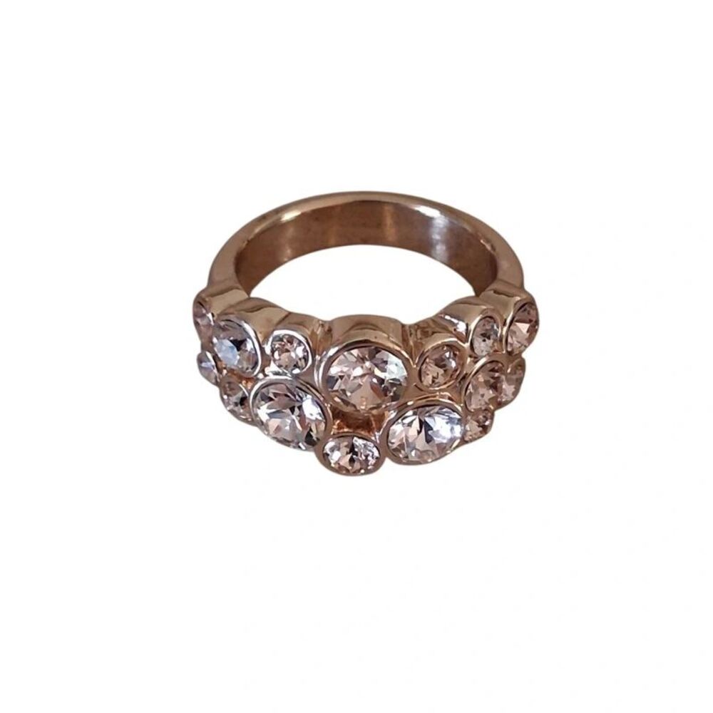 Gold Toned Metal Band Pink Rhinestone Encrusted Statement Ring Women's Size 8